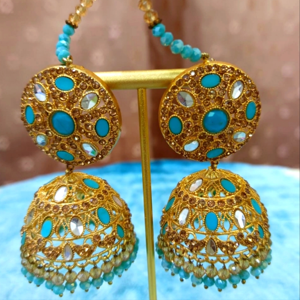 Stunning light blue Kundan style Jhumkas earrings w/ champagne crystal stones